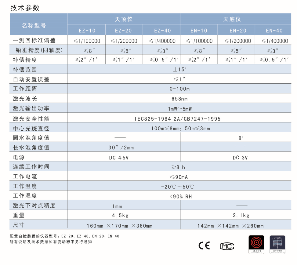 EZ-10、EZ-20、EZ-40激光自動(dòng)安平天頂儀/上垂準(zhǔn)儀技術(shù)參數(shù)